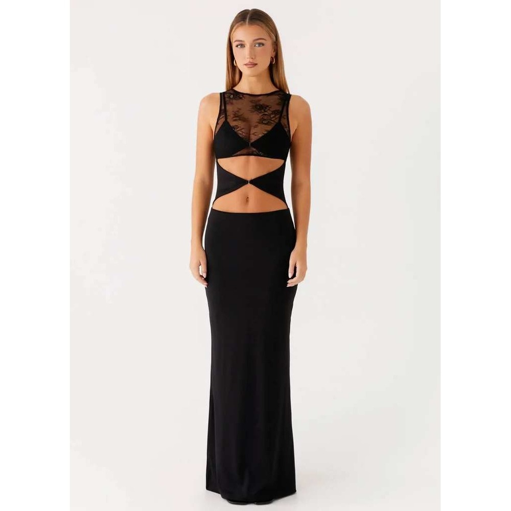 Peppermayo Women XL Maxi Dress Black Lace Cutout Sleeveless Floor Length Gown